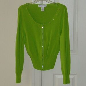 Victoria Harbour Lime Green and Rhinestone Zip Front Knit Top/Sweater (L)